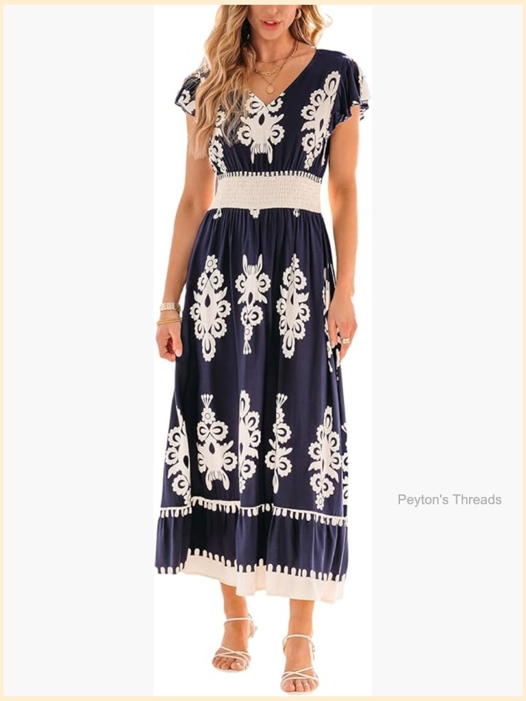 Cupshe Women's Midi Dress V Neck Ruffle Short Sleeve Smocked Waist